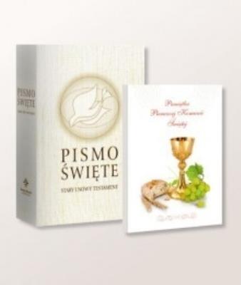 Okładka książki Pismo Święte ST i NT duże białe + Pam. I Kom. Św.