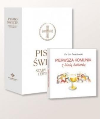 Okładka książki Pismo Święte ST i NT wielkie białe + I  Komunia...