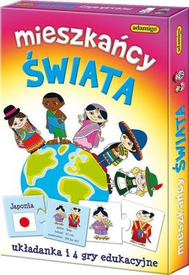 Mieszkańcy świata Gra edukacyjna. Autor: Pogorzelska Julia. SmakLiter.pl Okładka książki Mieszkańcy świata Gra edukacyjna