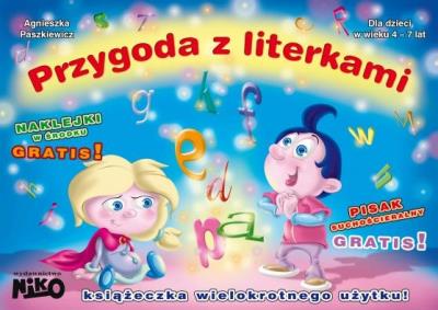 Okładka książki Przygoda z literkami Pisak suchościeralny + naklejki gratis