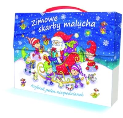 Zimowe skarby malucha. Kuferek pełen niespodzianek. Autor: Joanna Myjak (ilustr.). SmakLiter.pl Okładka książki Zimowe skarby malucha. Kuferek pełen niespodzianek