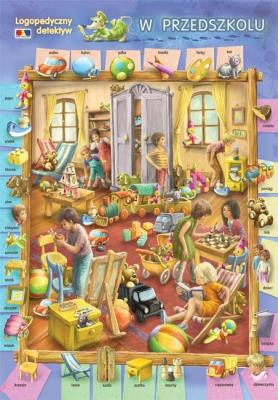 Logopedyczny detektym w przedszkolu - plansza. Wydawca: KOMLOGO. SmakLiter.pl Opakowanie Logopedyczny detektym w przedszkolu - plansza