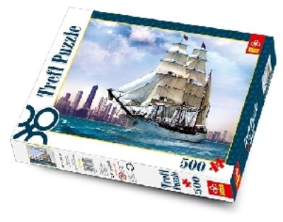 Okładka książki Puzzle 500 Żaglowiec na tle Chicago TREFL