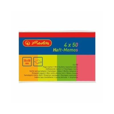 Kartki samoprzylepne 20x50mm 4 kolory po 50 sztuk. Wydawca: HERLITZ. SmakLiter.pl Opakowanie Kartki samoprzylepne 20x50mm 4 kolory po 50 sztuk