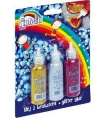 Klej brokatowy 3 kolory x 20ml. Wydawca: Fiorello. SmakLiter.pl Opakowanie Klej brokatowy 3 kolory x 20ml