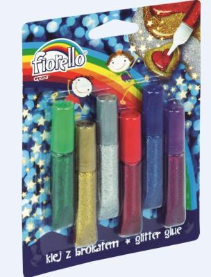 Klej brokatowy 6 kolorów x 6ml. Wydawca: Fiorello. SmakLiter.pl Opakowanie Klej brokatowy 6 kolorów x 6ml