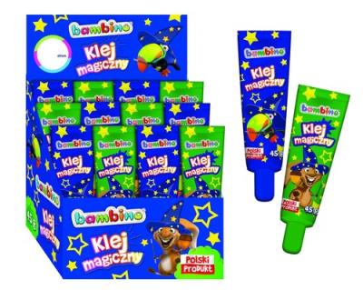 Klej magiczny Bambino w tubie 45g Display 12 sztuk. Wydawca: St. Majewski. SmakLiter.pl Opakowanie Klej magiczny Bambino w tubie 45g Display 12 sztuk
