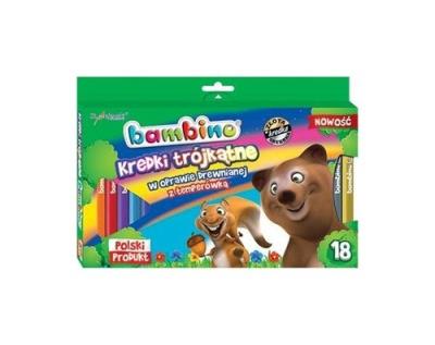 Kredki trójkątne Bambino w oprawie drewnianej 18 kolorów + temperówka. Wydawca: St. Majewski. SmakLiter.pl Opakowanie Kredki trójkątne Bambino w oprawie drewnianej 18 kolorów + temperówka