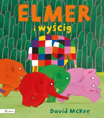 Elmer i wyścig. Autor: David McKee. SmakLiter.pl Okładka książki Elmer i wyścig