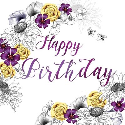 Opakowanie Karnet Swarovski kwadrat Urodziny kwiaty fioletowe i żółte