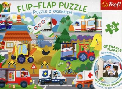 Flip-Flap Puzzle z okienkiem 36 Pojazdy. Wydawca: Trefl. SmakLiter.pl Opakowanie Flip-Flap Puzzle z okienkiem 36 Pojazdy