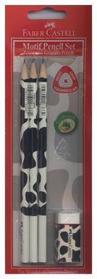 Ołówek grafitowy z kolorowym motywem Krowa 3 sztuki z gumką. Wydawca: Faber-Castell. SmakLiter.pl Opakowanie Ołówek grafitowy z kolorowym motywem Krowa 3 sztuki z gumką