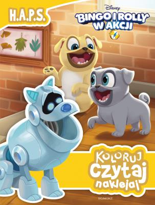 Bingo i Rolly w akcji. H.A.P.S. Koloruj, czytaj, naklejaj. Autor: Bob Smiley, Michael Olson. SmakLiter.pl Okładka książki Bingo i Rolly w akcji. H.A.P.S. Koloruj, czytaj, naklejaj