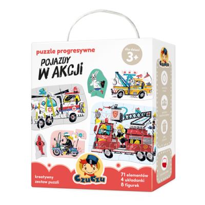 Puzzle progresywne Pojazdy w akcji. Wydawca: Bright Junior Media. SmakLiter.pl Opakowanie Puzzle progresywne Pojazdy w akcji