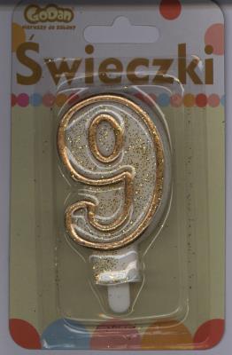 Opakowanie Świeczka cyferka złoty kontur '9'