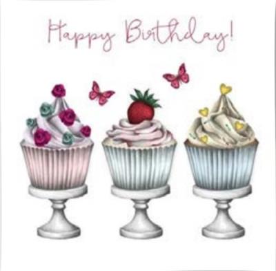 Opakowanie Karnet Swarovski kwadrat Urodziny 3 muffinki