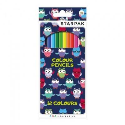 Kredki ołówkowe Sowy 12 kolorów. Wydawca: Starpak. SmakLiter.pl Opakowanie Kredki ołówkowe Sowy 12 kolorów