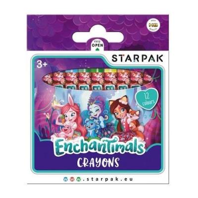 Kredki woskowe Enchanstimals 12 kolorów. Wydawca: Starpak. SmakLiter.pl Opakowanie Kredki woskowe Enchanstimals 12 kolorów