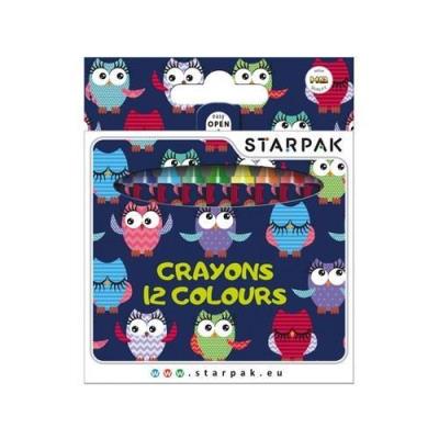 Kredki woskowe Sowy 12 kolorów. Wydawca: Starpak. SmakLiter.pl Opakowanie Kredki woskowe Sowy 12 kolorów