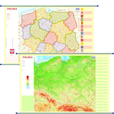 Polska mapa ścienna dwustronna fizyczno-administracyjna 1:1 800 000. Autor:   Praca zbiorowa. SmakLiter.pl Okładka książki Polska mapa ścienna dwustronna fizyczno-administracyjna 1:1 800 000