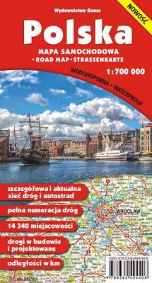 POLSKA MAPA SAMOCHODOWA 1:700 000 WODOODPORNA. Autor: Opracowanie zbiorowe. SmakLiter.pl Okładka książki POLSKA MAPA SAMOCHODOWA 1:700 000 WODOODPORNA