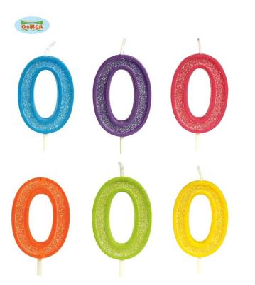 Opakowanie Brokatowa cyfra 0 świeczka, 4cm. Mix 6 kolorów