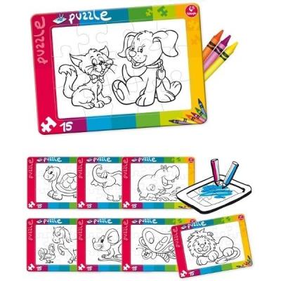 Puzzle do kolorowania 15 pies i kot. Autor: Kukuryku. SmakLiter.pl Okładka książki Puzzle do kolorowania 15 pies i kot