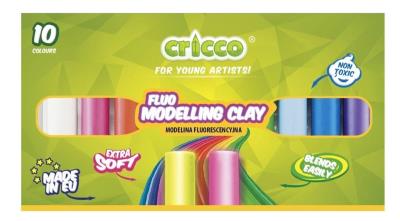 Modelina fluorescencyjna 10 kolorów CRICCO. Wydawca: Cricco. SmakLiter.pl Opakowanie Modelina fluorescencyjna 10 kolorów CRICCO