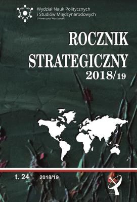 Okładka książki ROCZNIK STRATEGICZNY 2018/19 PRZEGLĄD SYTUACJI POLITYCZNEJ GOSPODARCZEJ I WOJSKOWEJ W ŚRODOWISKU MIĘDZYNARODOWYM POLSKI