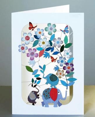 Opakowanie Karnet PM209 wycinany + koperta Słonie z kwiatami