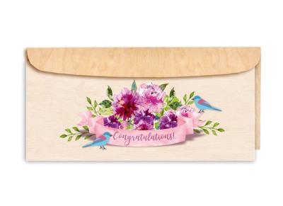 Karnet drewniany DL z drewnianą kopertą Gratulacje. Wydawca: Cozywood. SmakLiter.pl Opakowanie Karnet drewniany DL z drewnianą kopertą Gratulacje