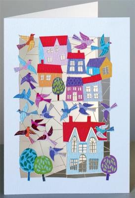 Opakowanie Karnet PM176 wycinany + koperta Ptaki i domy