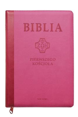 Okładka książki Biblia pierwszego Kościoła z paginat. różowa