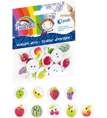 Ozdoby drewniane Guziki Owoce 20szt FIORELLO. Wydawca: Fiorello. SmakLiter.pl Opakowanie Ozdoby drewniane Guziki Owoce 20szt FIORELLO