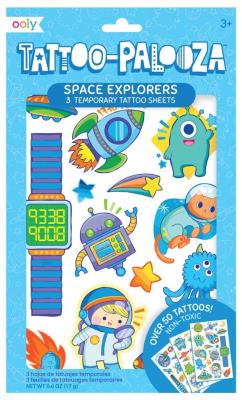 Tatuaże zmywalne Tattoo Palooza - Odkrywcy kosmosu. Wydawca: Kolorowe Baloniki. SmakLiter.pl Opakowanie Tatuaże zmywalne Tattoo Palooza - Odkrywcy kosmosu
