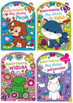 Opakowanie Pakiet 4 kolorowanek: Wiosna, Piesek, Kotek, Jednorożec z naklejkami