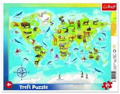 Opakowanie Puzzle ramkowe 25 Mapa świata ze zwierzętami TREFL