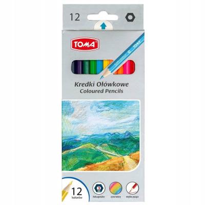 Kredki szkolne drewniane 12 kolorów TOMA. Wydawca: TOMA. SmakLiter.pl Opakowanie Kredki szkolne drewniane 12 kolorów TOMA