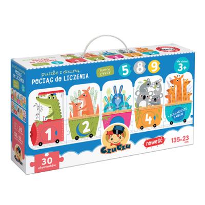 Puzzle z dziurką Pociąg do liczenia. Wydawca: Bright Junior Media Justyna Han. SmakLiter.pl Opakowanie Puzzle z dziurką Pociąg do liczenia