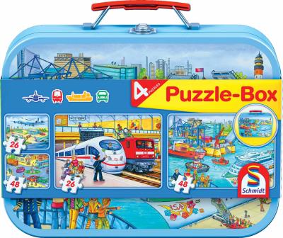 Puzzle 2x26 + 2x48 w walizce Transport G3. Wydawca: Schmidt. SmakLiter.pl Opakowanie Puzzle 2x26 + 2x48 w walizce Transport G3