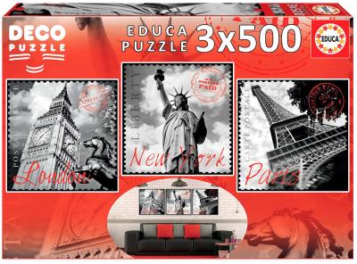 Puzzle 3x500 Duże miasta G3. Wydawca: Educa. SmakLiter.pl Opakowanie Puzzle 3x500 Duże miasta G3