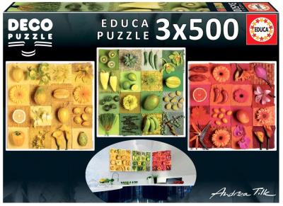 Puzzle 3x500 Kwiaty, owoce, warzywa G3. Wydawca: Educa. SmakLiter.pl Opakowanie Puzzle 3x500 Kwiaty, owoce, warzywa G3