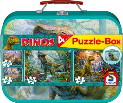 Puzzle 2x60 + 2x100 w walizce Dinozaury G3. Wydawca: Schmidt. SmakLiter.pl Opakowanie Puzzle 2x60 + 2x100 w walizce Dinozaury G3