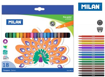 Opakowanie Flamastry Milan okrągłe z cienką końcówką 18 kolorów w kartonowym opakowaniu