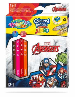 Kredki ołówkowe trójkątne jumbo Colorino Kids 13 kolorów 12 sztuk z temperówką Avengers. Wydawca: Patio. SmakLiter.pl Opakowanie Kredki ołówkowe trójkątne jumbo Colorino Kids 13 kolorów 12 sztuk z temperówką Avengers