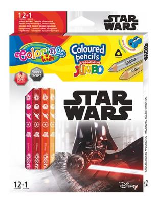 Kredki ołówkowe trójkątne jumbo Colorino Kids 13 kolorów 12 sztuk z temperówką Star Wars. Wydawca: Patio. SmakLiter.pl Opakowanie Kredki ołówkowe trójkątne jumbo Colorino Kids 13 kolorów 12 sztuk z temperówką Star Wars