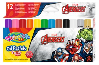 Pastele olejne Colorino Kids trójkątne 12 kolorów Avengers. Wydawca: Patio. SmakLiter.pl Opakowanie Pastele olejne Colorino Kids trójkątne 12 kolorów Avengers