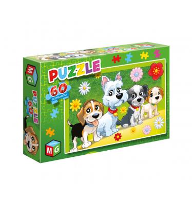 Puzzle 60 Pieski kwiatki. Wydawca: MULTIGRA. SmakLiter.pl Opakowanie Puzzle 60 Pieski kwiatki
