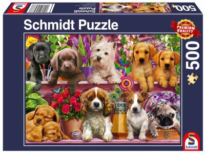Puzzle PQ 500 Psy na półce G3. Wydawca: Schmidt. SmakLiter.pl Opakowanie Puzzle PQ 500 Psy na półce G3