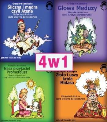 Zestaw 4w1: Mity greckie: Głowa meduzy. Śliczna i mądra. Nas. Autor: Grzegorz Kasdepke. SmakLiter.pl Okładka książki Zestaw 4w1: Mity greckie: Głowa meduzy. Śliczna i mądra. Nas